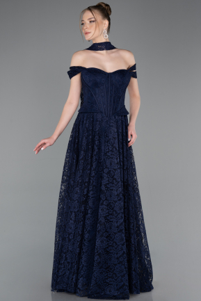 Robe de Soirée Longue Dantelle Bleu Marine ABU5942