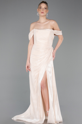 Robe de Soirée Longue Mousseline Beige ABU5974