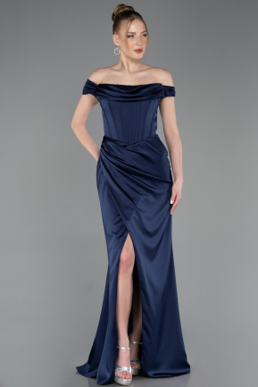 Robe de Soirée Longue Satin Bleu Marine ABU5976