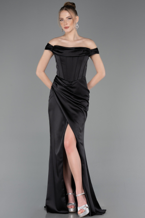 Robe de Soirée Longue Satin Noir ABU5976
