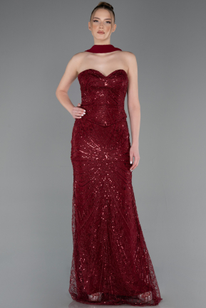 Robe de Soirée Longue Perlé Rouge Bordeaux ABU5983