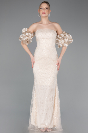 Robe De Soirée Perlé Longue Beige ABU4616