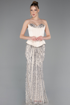 Robe de Soirée Longue Squameuse Beige ABU5978