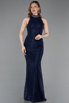 Robe de Soirée Longue Dantelle Bleu Marine ABU5987