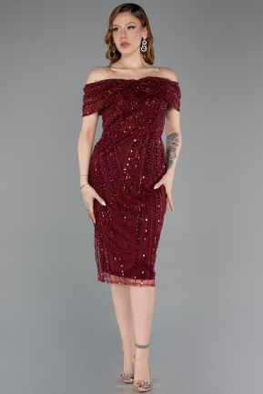 Robe De Soirée Midi Perlé Rouge Bordeaux ABK2592