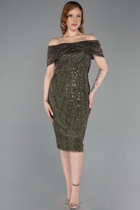 Robe De Soirée Midi Perlé Kaki ABK2592
