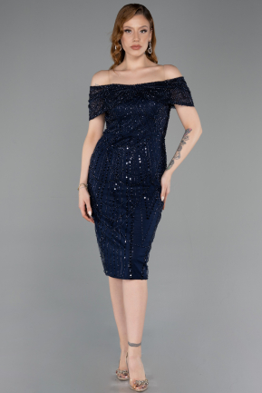 Robe De Soirée Midi Perlé Bleu Marine ABK2592