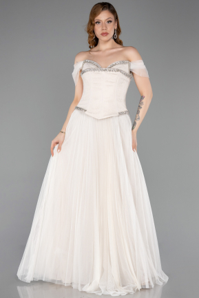 Robe de Soirée Longue Dantelle Beige ABU5996
