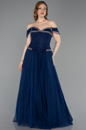 Robe de Soirée Longue Dantelle Bleu Marine ABU5996