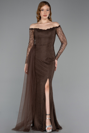 Robe de Soirée Longue Dantelle Brun ABU5999