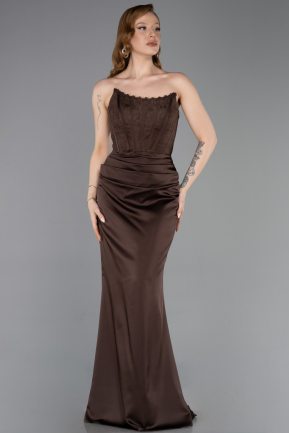 Robe de Soirée Longue Satin Brun ABU6000