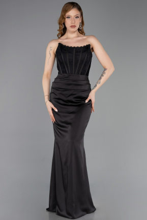 Robe de Soirée Longue Satin Noir ABU6000