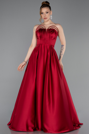 Robe De Soirée Satin Longue Rouge Bordeaux ABU5105