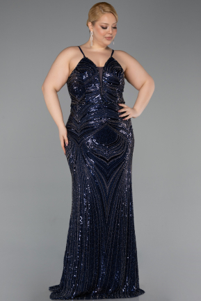 Robe de Soirée Grande Taille Longue Perlé Bleu Marine ABU6013