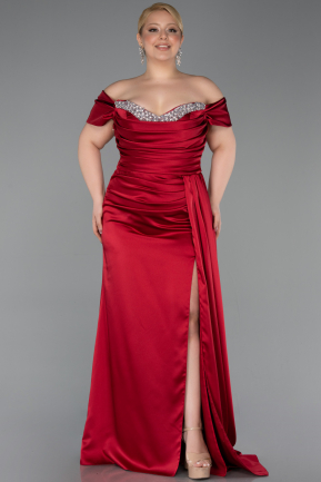Robe De Fiançailles Grande Taille Satin Longue Rouge Bordeaux ABU3655