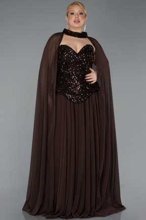 Robe De Soirée Grande Taille Longue Mousseline Brun ABU5940