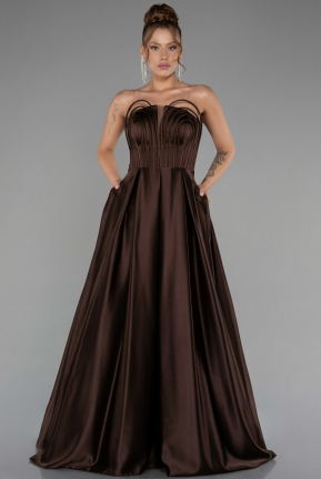 Robe De Soirée Satin Longue Brun ABU5105