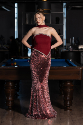 Robe Queue De Poisson Squameuse Longue Rouge Bordeaux ABU5703