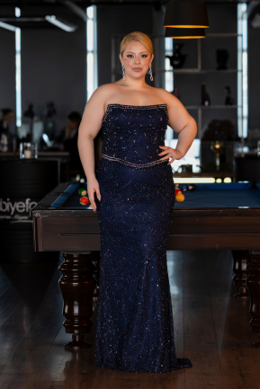 Robe De Soirée Grande Taille Longue Dantelle Bleu Marine ABU5994