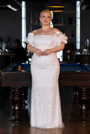 Robe Grande Taille Longue Perlé Blanc ABU5948
