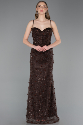 Robe de Soirée Longue Dantelle Brun ABU6040