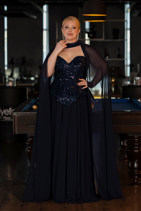 Robe De Soirée Grande Taille Longue Mousseline Bleu Marine ABU5940