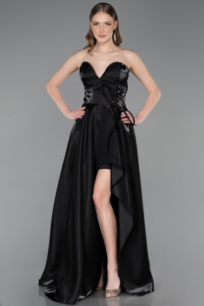 Robe de Soirée Longue Satin Noir ABU6049