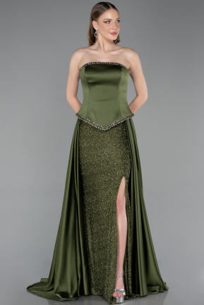 Robe De Soirée Satin Longue Kaki ABU5684