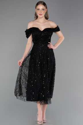 Robe De Soirée Perlé Midi Noir ABK2594