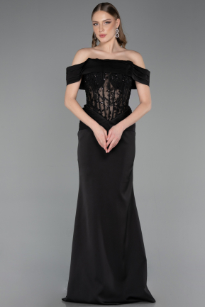 Robe de Soirée Longue Satin Noir ABU6054