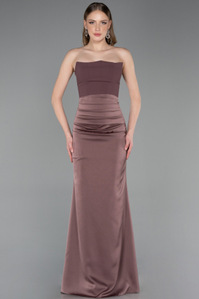 Robe De Soirée Satin Longue Brun ABU6061