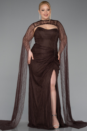Robe De Soirée Grande Taille Longue Dantelle Brun ABU6070
