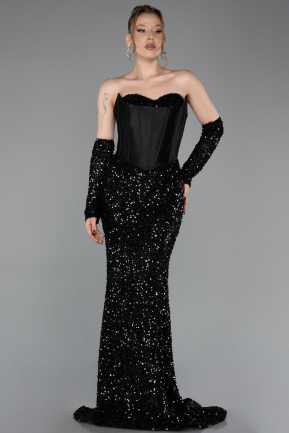 Robe de Soirée Longue Squameuse Noir ABU6041
