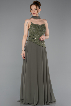Robe de Soirée Longue Mousseline Kaki ABU6081