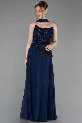 Robe de Soirée Longue Mousseline Bleu Marine ABU6081