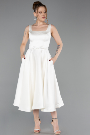 Robe De Cérémonie Satin Midi Blanc ABK2586