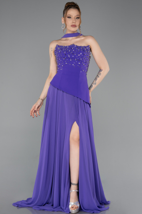 Robe De Soirée Mousseline Longue Violet ABU6018
