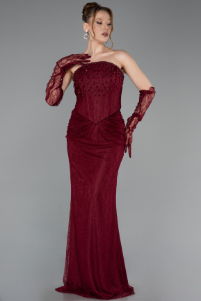 Robe de Soirée Longue Dantelle Rouge Bordeaux ABU6089