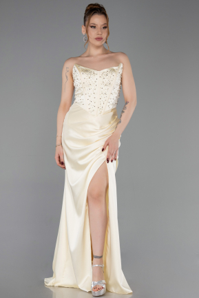 Robe de Soirée Longue Satin Jaune ABU6091
