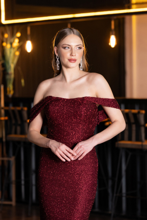 Robe de Soirée Longue Perlé Rouge Bordeaux ABU6057