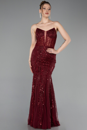 Robe de Soirée Longue Perlé Rouge Bordeaux ABU6080