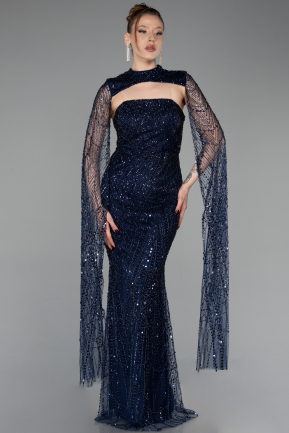 Robe de Soirée Longue Perlé Bleu Marine ABU6104