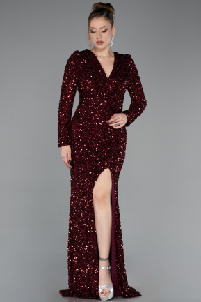 Robe De Soirée Squameuse Longue Rouge Bordeaux ABU4329