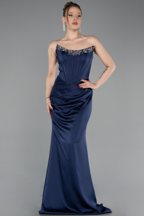 Robe Queue de Poisson Longue Satin Bleu Marine ABU6109