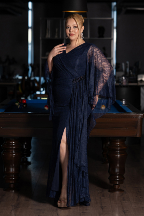 Robe De Soirée Grande Taille Longue Dantelle Bleu Marine ABU6065