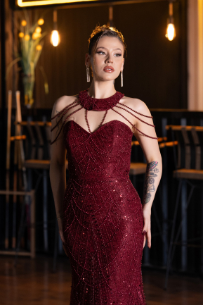 Robe de Soirée Longue Perlé Rouge Bordeaux ABU6073