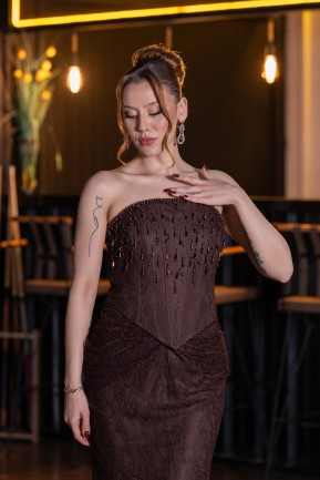 Robe de Soirée Longue Dantelle Brun ABU6089