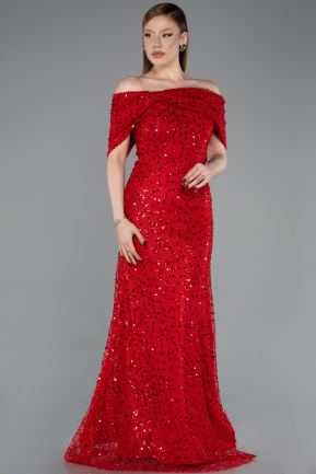 Robe de Soirée Longue Dantelle Rouge ABU6119