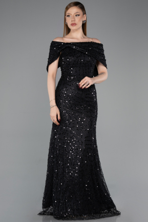 Robe de Soirée Longue Dantelle Noir ABU6119