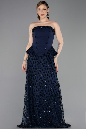 Robe de Soirée Longue Squameuse Bleu Marine ABU6124